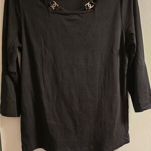 Rafaella Black Long Sleeve Top with Gold Chain Neck Detail